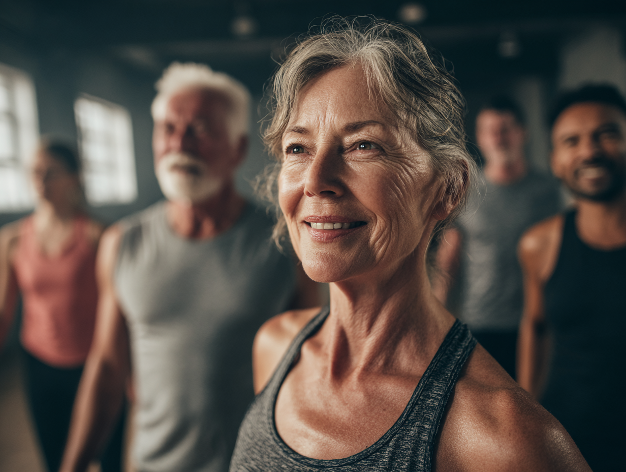 Група людей різного віку виконує фітнес вправи